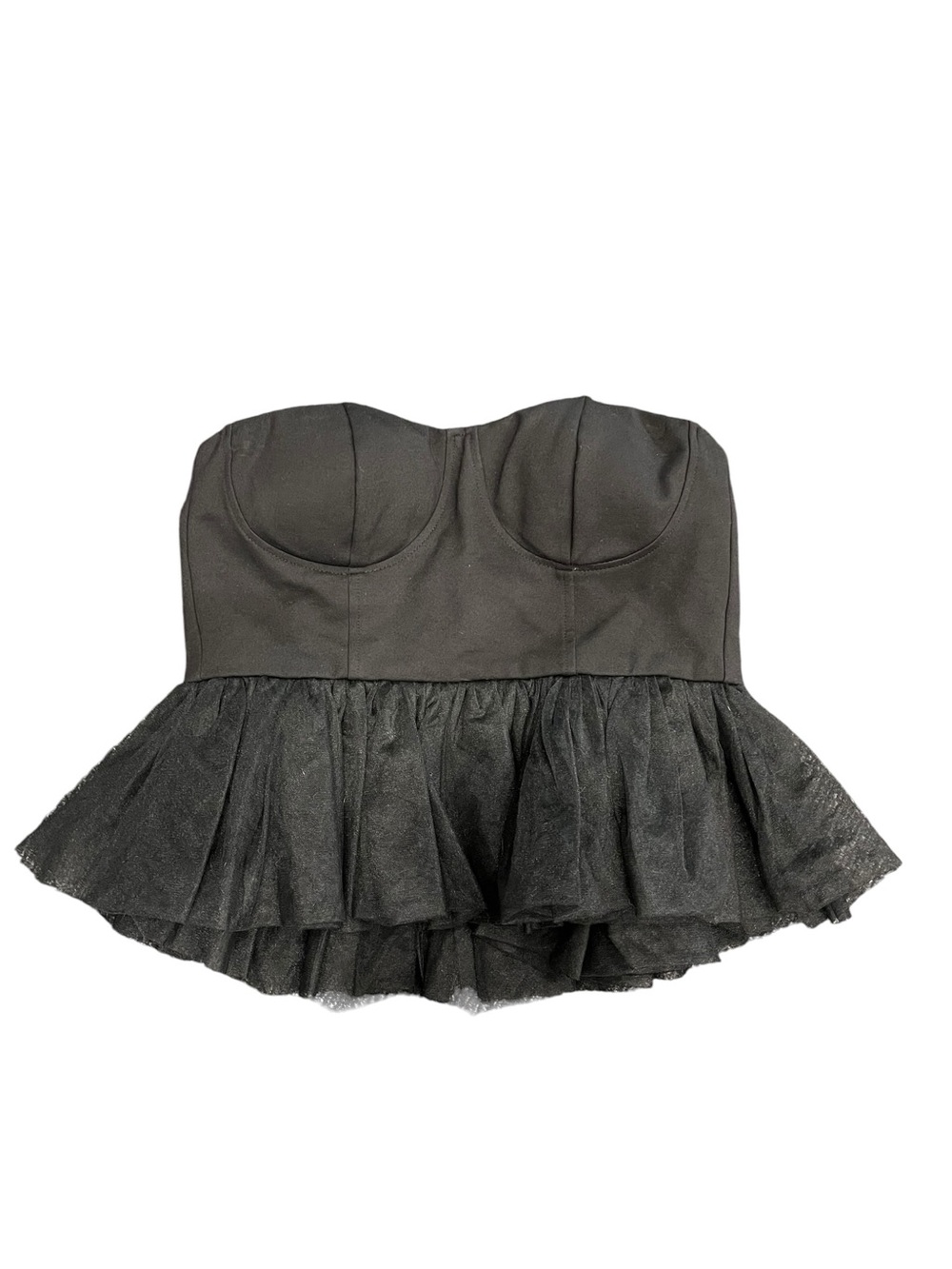 Mable | Black Strapless Lace Zip Up Peplum Corset Top M